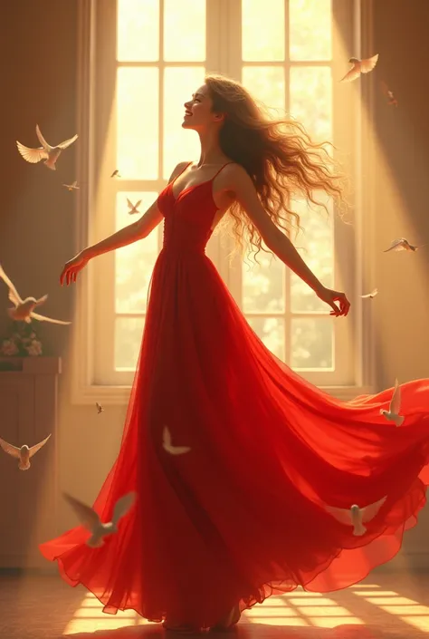 Girl dancing in beautiful room. Wearing red gown and beautiful long hairs below waist, glowy face and beautiful smile, beautiful big size boobs. Birds around her. Room have many window and sunlight coming