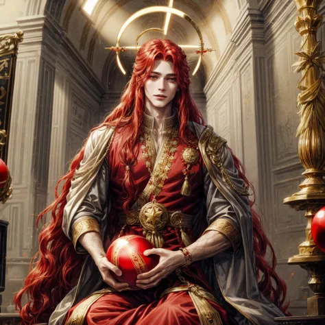 A man with red long hair and gold eyes, wear an ancient clothes and have a red string, wear a halo, holding a star ball