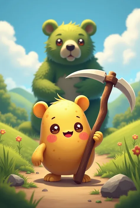 A cute potato character working with a scythe。A bear is formed。