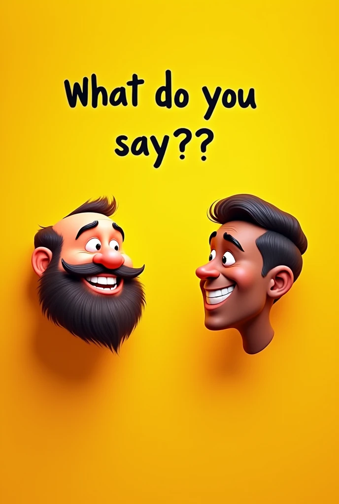 Create a yellow background flayer where a black text appears that says What do you say?? And only the disembodied face of a fat guy with a beard smiling and a skinny dark-skinned guy without a beard smiling come out and they come out looking forward in a 2...