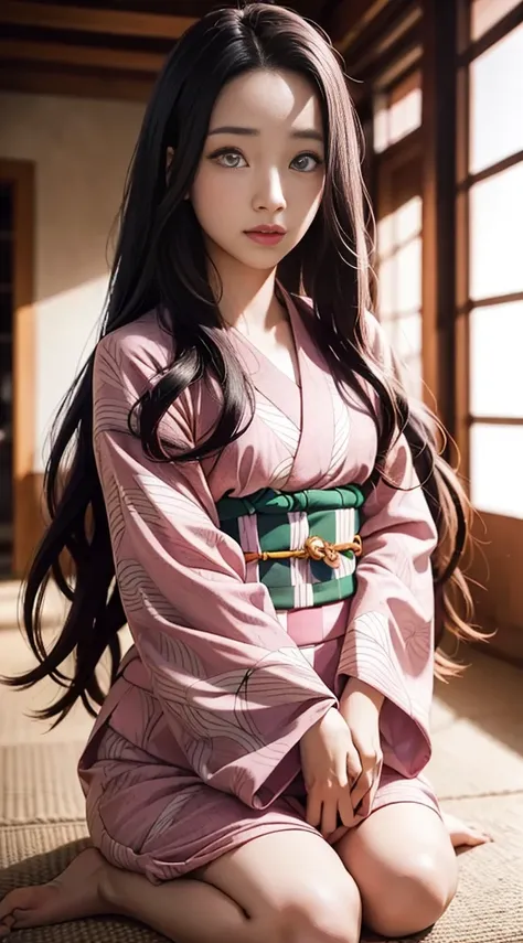 nezukokamado, nezuko kamado, black hair, (forehead:1.5), hair ribbon, long hair, multicolored hair, (pink eyes:1.5), orange hair, slit pupils, wavy hair, two-tone hair,
BREAK asa no ha (pattern), checkered sash, haori, japanese clothes, kimono, long sleeve...