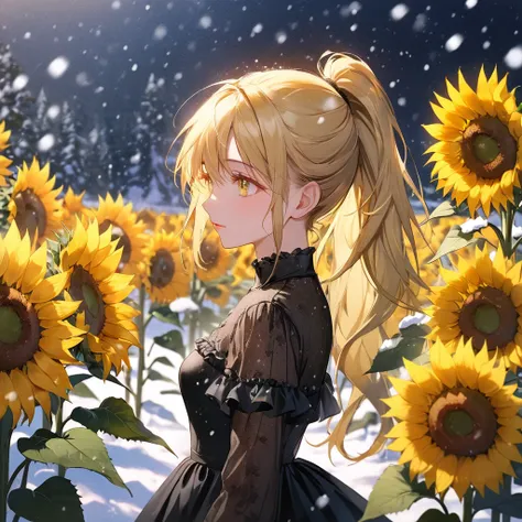 (​master piece),(top-quality:1.2),(perfect anatomy),((1 girl)),((solo)),exquisitedetails,Vibrant colors,(yellow and black dress, Beautiful frills:1.2),beautiful detailed eyes,blonde long hair,ponytail hair,small breasts,(snow and sunflowers),Standing in a ...