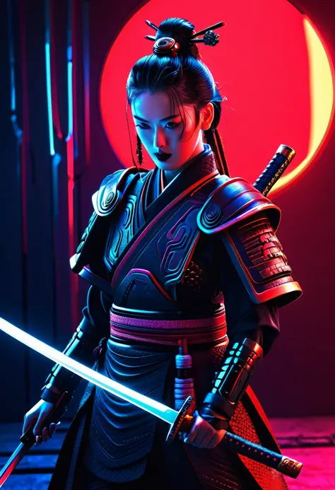 a high-quality digital illustration of "The Warlord," cyberpunk samurai warrior, Red Desert Geisha, Scary Garry, futuristic, neon lights, dystopian cityscape, robotic elements, fierce, mysterious, glowing eyes, katana sword, traditional Japanese attire wit...