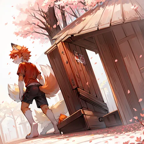 Light red eyes,fox,Little boy，Orange hair，Orange hair，Short T-shirt，shorts,White background，She&#39;s cute when she&#39;s angry
，one person，Kneel under the cherry blossom tree。
