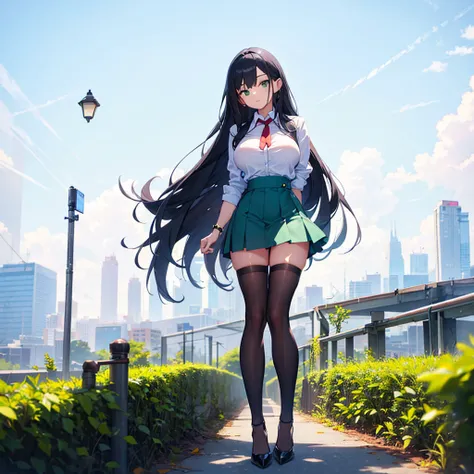 (solo), 1 skinny girl standing, short torso, skinny long legs, bursting huge breasts, inconceivably narrow waist, swaying back, arms behind back, BREAK, green blazer, green high-waist skirt, thigh gap, black thighhighs, stiletto heels