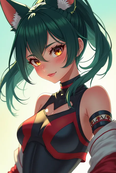 could you generate an anime-type image of a girl around 21 years old with dark green pigtails, Brown eyes, with high ponytail hairstyle,anti makes fox red, with white complexion,proportions of 120-30-90, Put a red line on each cheek, that the perspective f...