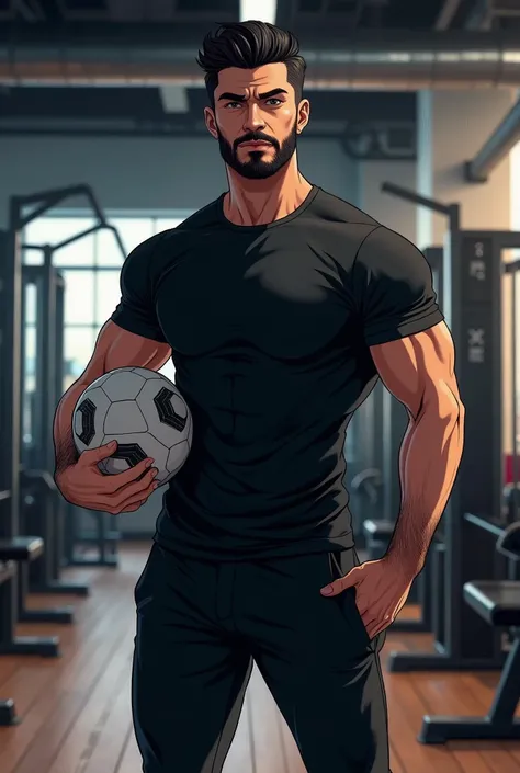 a man wearing black pants and shirt with a black beard,standing in front of fitness equipment inside a shop, looking ahead, holding a soccer ball, anime style, photorealistic, dynamic lighting, highly detailed, 8k, best quality