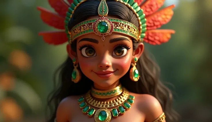 Aztec princess character in Aztec warrior attire, wearing emerald and ruby ​​jewelry, cute, smiling, highly detailed, polished, 40k gold and silver. First person view