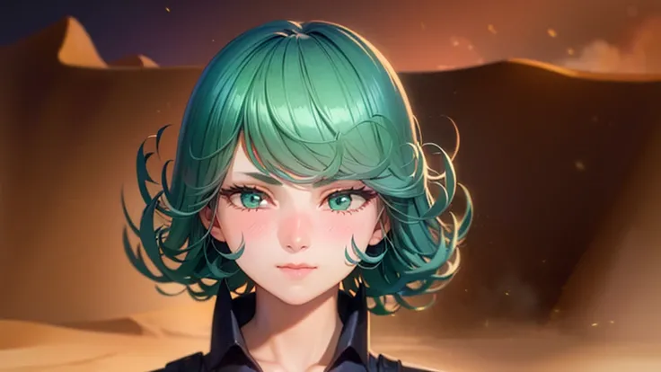 (work of art, best qualityer:1.4), (whole body), 1 girl, standing alone, out, in a desert with sand and dust, tatsumaki, (pelvic curtain:1.2), long sleeves, black gown, (hair green), shorth hair, medium breasts, beautiful smiling, beautiful  face, high-det...