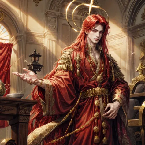 A man with red long hair and gold eyes, wear an ancient clothes and have a red string, wear a halo, holding star