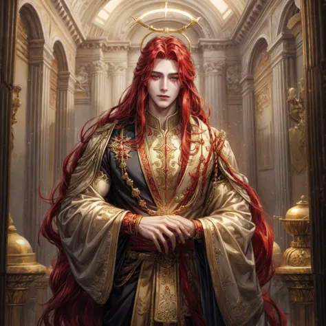 A man with red long hair and gold eyes, wear an ancient clothes and have a red string, wear a halo, holding star