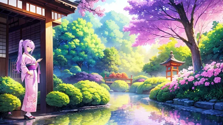 woman　clear　light purple hair　　kimono　　　anime style　　　　japanese-style garden