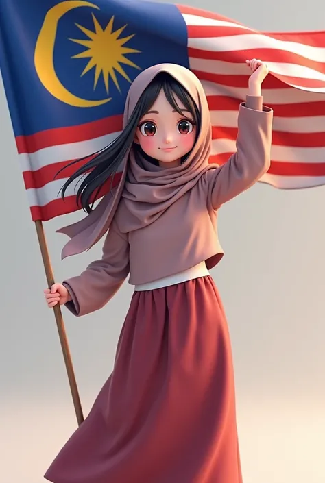 Anime girl hijab 3d hold flag malaysia