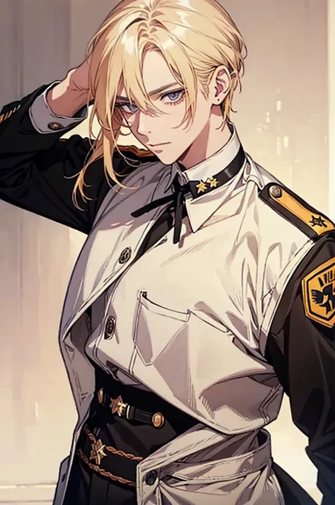 A German general, blonde with straight, medium-length hair, black military clothing, cut scar on his mouth, cheek and neck, manhwa style
