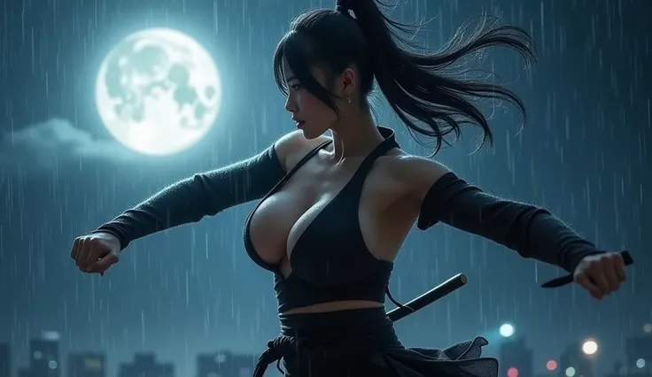 beautiful japanese woman with big breasts in a revealing short ninja costume, night, big moon, moonlight, strong wind, raindrops, preparing to strike, fighting pose, confident look