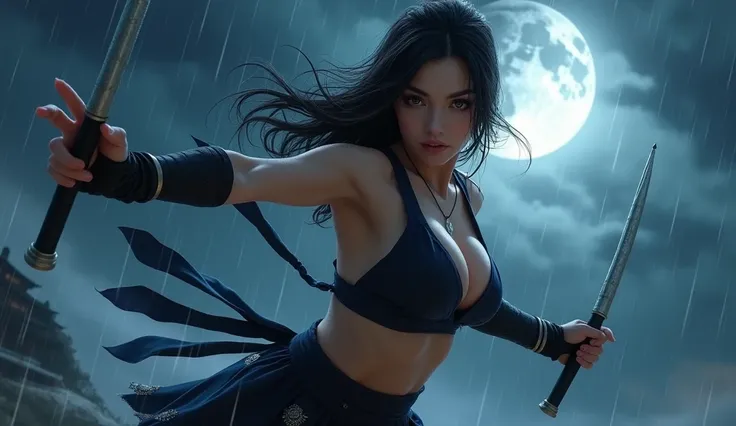 beautiful japanese woman with big breasts in a revealing short ninja costume, night, big moon, moonlight, strong wind, raindrops, preparing to strike, fighting pose, confident look