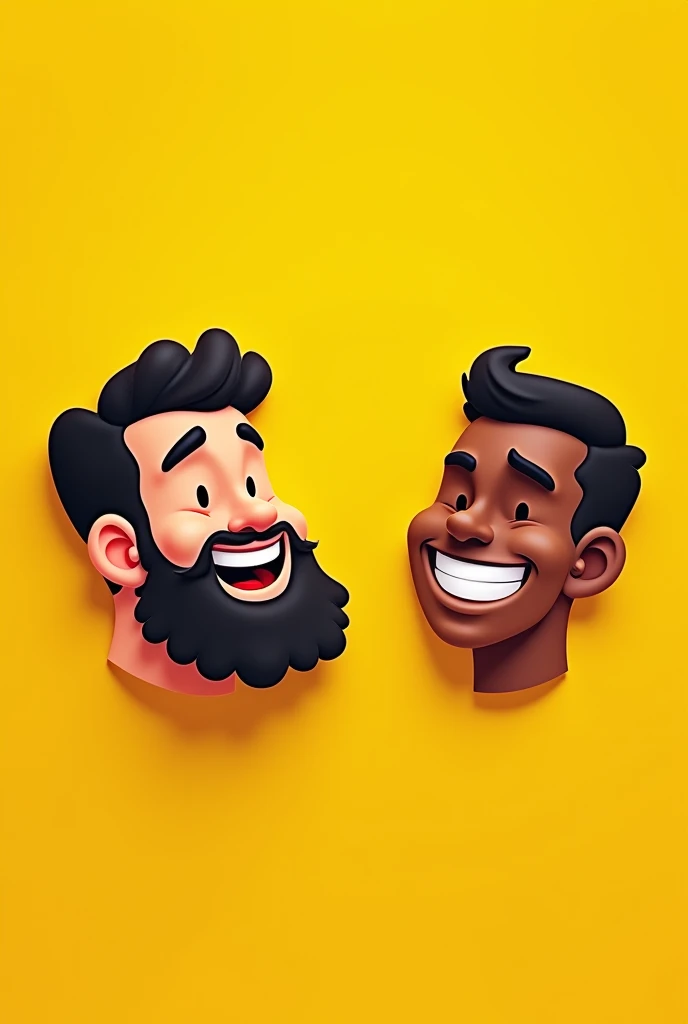 Create a yellow background flayer where a black text appears that says What do you say?? And only the disembodied face of a fat guy with a beard smiling and a skinny dark-skinned guy who doesn&#39;t have a beard smiling come out and they come out looking f...