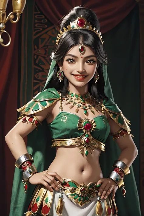 Aztec princess character in Aztec warrior attire, wearing emerald and ruby ​​jewelry, cute, smiling, highly detailed, polished, 40k gold and silver. First person view