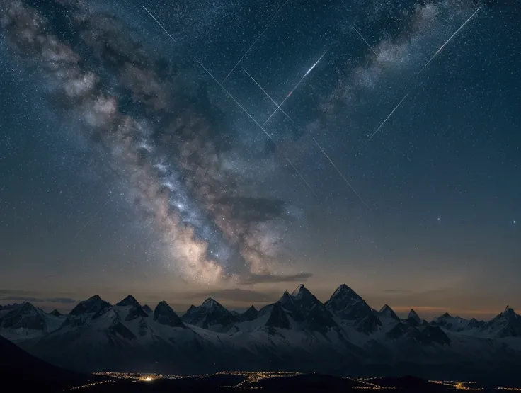  at night a clear sky with a view of outer space with its stars on a vertical mountain far from the city with shooting stars in the background falling horizontally with a small golden flower in the middle