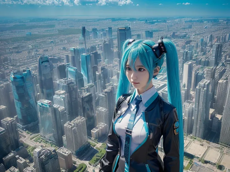 ((Description of Super Giant、8k、Realistic、Hatsune Miku、Cosplay、Japanese women、Cosplayイヤー、Large Breasts、非常に詳細なDescription of Super Giant、Much bigger than a skyscraper、very small metropolis, Miniature metropolis, (靴の高さしかないMiniature metropolisで)、Full body des...