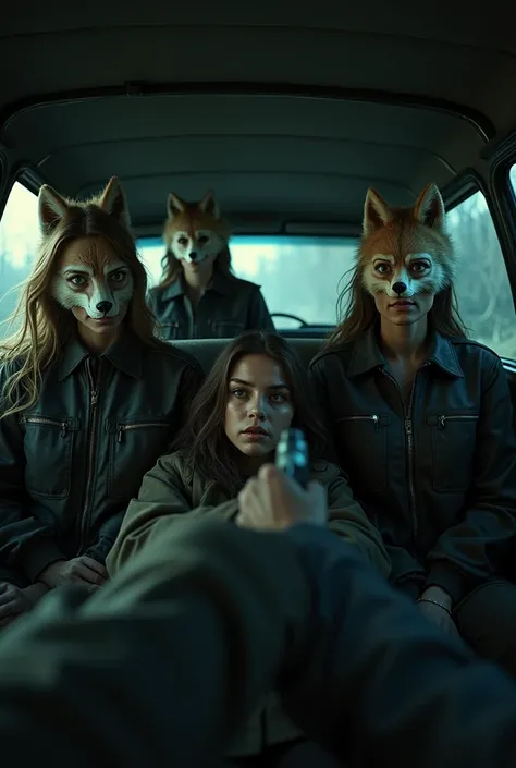 3 women wearing fox masks and kinapes 2 women tied to the seats of the van with their eyes squinted and a gun pointed at their heads 