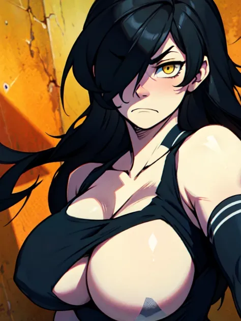 athletic build massive breasts pale skin black hair yellow eyes sad frown long hair