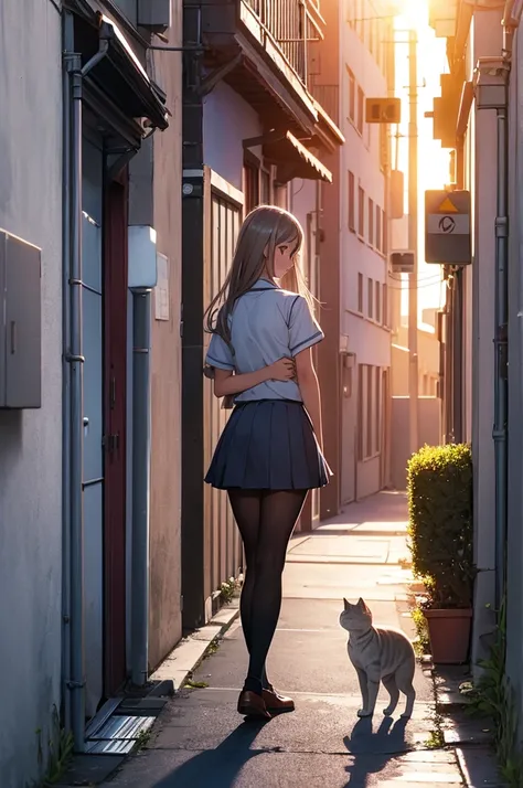 girl in school uniform petting a grey cat, alleyway, sunset, 50mm lens