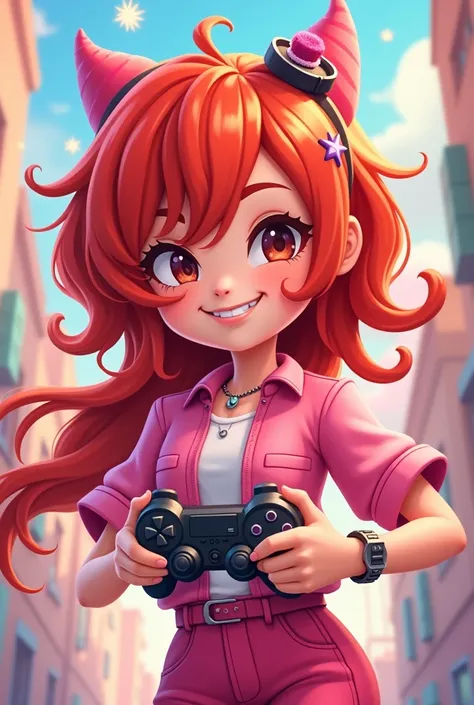 animated red head girl girly gamer icon pink
