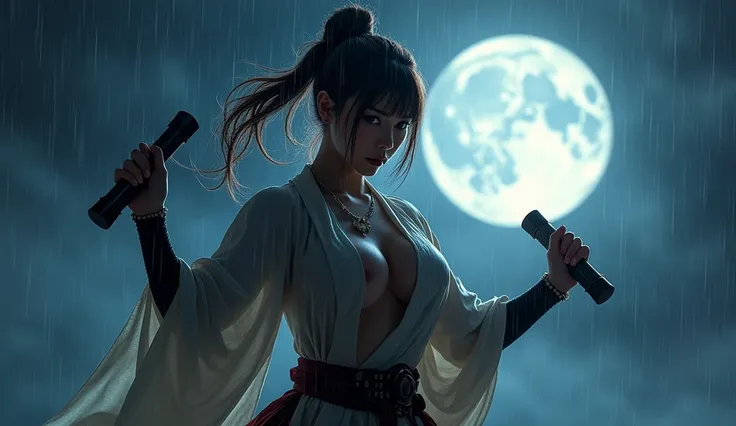 beautiful japanese woman with big breasts in a revealing short ninja costume, night, big moon, moonlight, strong wind, raindrops, nunchaku in hands, preparing to strike, fighting pose, confident look, kung fu