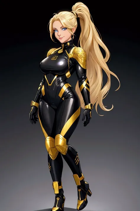 light smile on face,young blonde girl in a black with gold accent space suit, full body, seductive pose, beautiful body, blue eyes, no background, ponytail, muscular, 