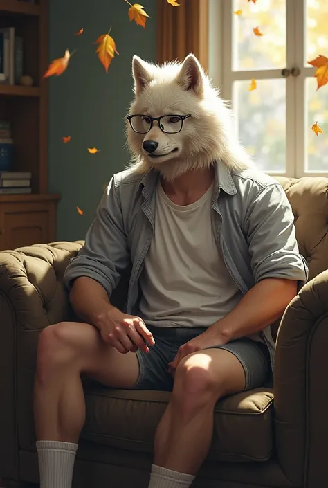 Hairy，（Wolf，Black-rimmed glasses，White short sleeve，Grey long sleeve shirt jacket，Rolled up my sleeves，Casual shorts，White socks），beard，White fur，male，generally，Full body photo， Dynamic pose，living room，Sitting on the couch，doze，Fallen leaves flew into the...