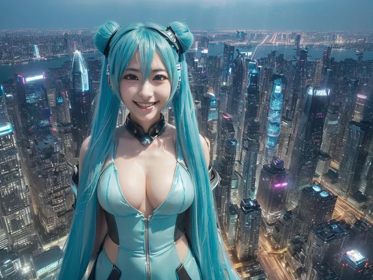 ((Description of Super Giant、8k、Realistic、Hatsune Miku、Cosplay、Japanese women、Cosplayイヤー、Large Breasts、smile、非常に詳細なDescription of Super Giant、Much bigger than a skyscraper、very small metropolis, Miniature metropolis, (靴の高さしかないMiniature metropolisで)、Full bo...