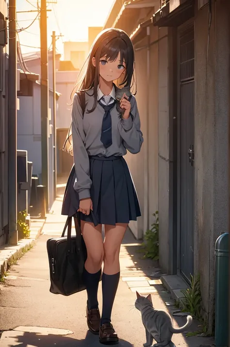 girl in school uniform petting a grey cat, alleyway, sunset, close up