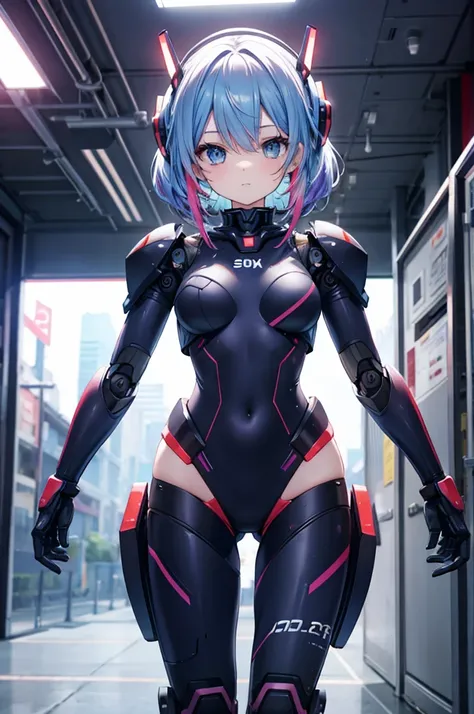 robot girl, solo, fitting suit, colorful hair