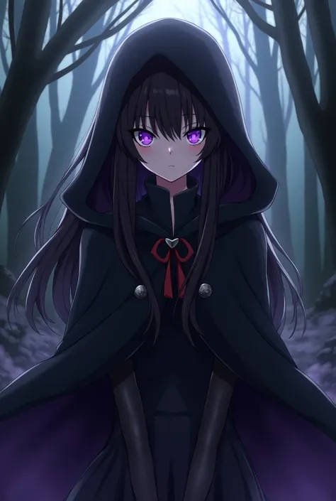 Mysterious anime girl, purple eyes, long black hair, wearing a black cloak, forest background, magical aura.