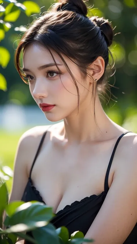 1girl, solo, blurry, leaf, looking_at_viewer, blurry_background, depth_of_field, red_lips, lips, black_hair, food, makeup, hair_bun, fruit, single_hair_bun, closed_mouth, realistic, bare_shoulders, brown_hair, plant, day, nose, sunlight, water_drop