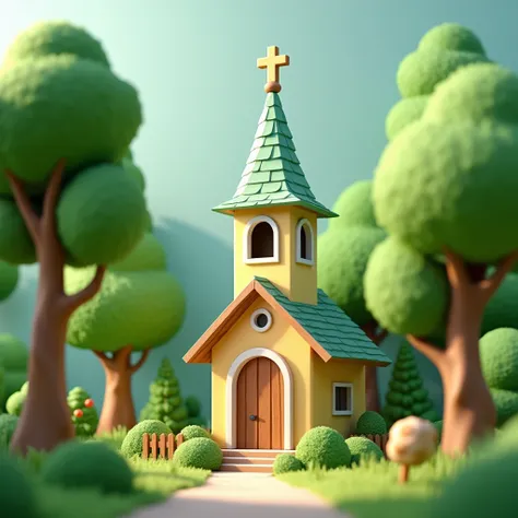 新緑のchurch、Gloria Studio, The garden is full of fresh green trees, Fairy tale、church、Clay Materials, Cartoon design style, POP MART, Soft lighting, Smooth lines, Tilt-shift lens, Detailed sci-fi illustrations, Ultra-Realistic Details,