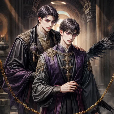 A man with dark medium hair, dark purple eyes, , have a dark wings, wear an ancient clothes, and wear a dark halo