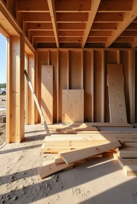 create an image showing waste wooden boards in a construction site
