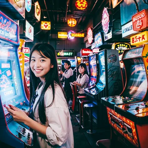 
((Highest quality、8k resolution、Masterpiece、Portraiture:1.3)), Photorealistic, organize, 35mm film, 2 Junior High School Girls, smile、(Arcade: 1.3), Cluttered background, Lots of arcade machines, Dark Background