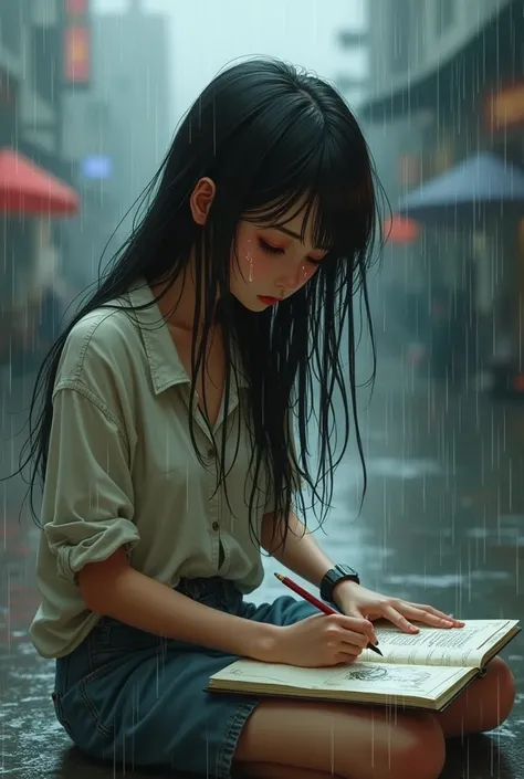 An Artist Girl with pencils and sketchbook. Making sketch in rain. Sad girl crying