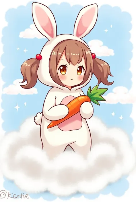 Cute anime girl, pigtails, wearing a bunny costume, holding a carrot, surrounded by fluffy clouds.