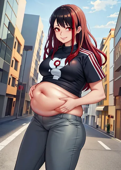 art by kipteitei, zhu yuan, black hair, red hair streak, red eyes, light blue jacket, white t shirt, black pants, chubby body, p...