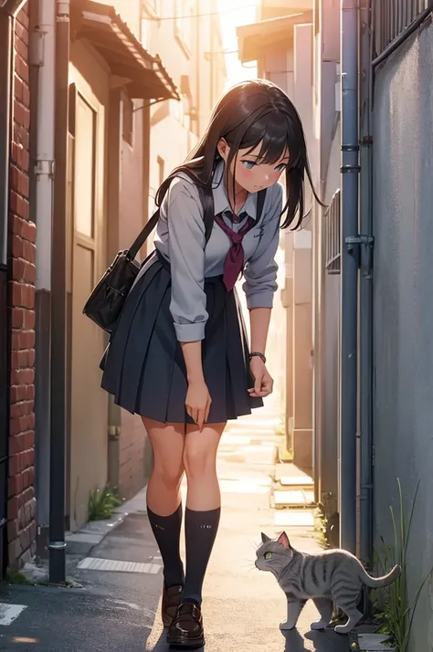 girl in school uniform petting a grey cat, alleyway, sunset, close up