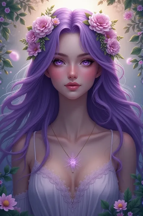 Purple hair Purple eyes Long hair Goddess Flower on head