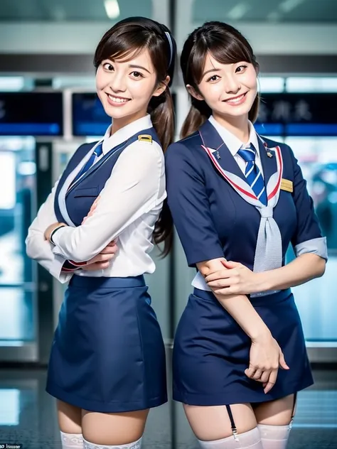 (A close-up photo of two Japanese flight-attendants), (Cabin-crew), 20-years-old, (standing closely), (In the airport), (Both smiling), (Both looking at the camera), best quality, masterpiece, (Wearing white tight stewardess uniform), ((Both lifting up ski...