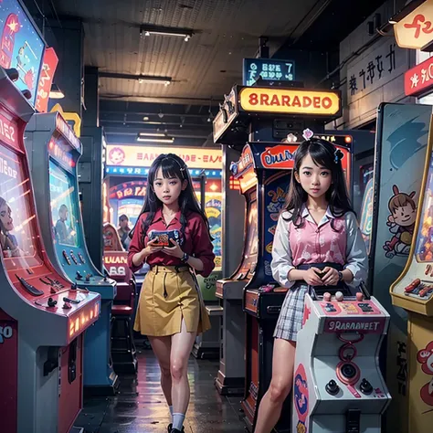 ((Highest quality、8k resolution、Masterpiece、Portraiture:1.3)), Photorealistic, organize, 35mm film, 2 Junior High School Girls, smile、(Arcade: 1.3), Cluttered background, Lots of arcade machines, Dark Background