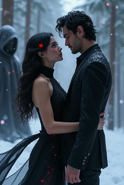 women, long wavy black hair, blue eyes, full lips, black high neck dress, Red energy coming out of it, in a snowy pine forest, man in suit, muscular, medium wavy black hair, blue eyes, with black energy coming out of it, In the background, a hooded man wit...