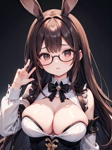 One Woman、Brown Hair(length)、Brown eyes、Black-rimmed round glasses、 Highest quality、Very detailed、8k resolution、RAW Photos、masterpiece、Captivating breasts、Gorgeous face、Perfect body、Playing with the White Rabbit、Large Breasts