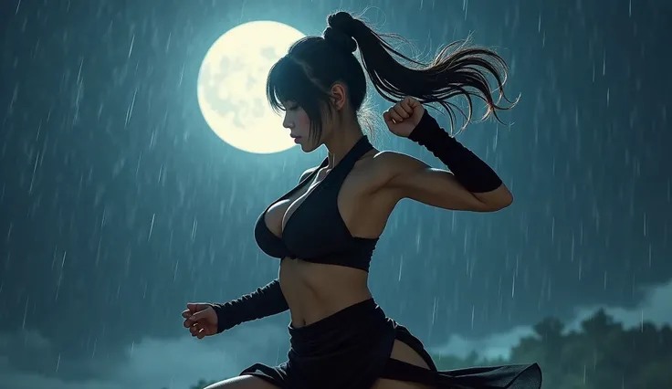 beautiful japanese woman with big boobs in revealing short ninja costume, night, big moon, moonlight, strong wind, raindrops, preparing to strike, fighting pose, confident look, kung fu